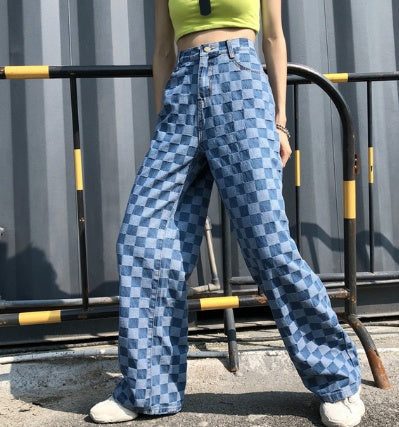 Blue Plaid Checkerboard High Waist Wide Leg Pants Women Hip Hop Loose Straight Pantalon Femme Trousers Punk Bottom Harem Pants Ma boutique