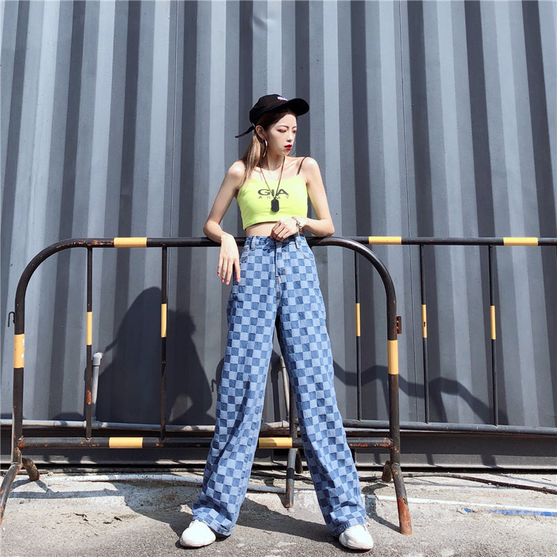 Blue Plaid Checkerboard High Waist Wide Leg Pants Women Hip Hop Loose Straight Pantalon Femme Trousers Punk Bottom Harem Pants Ma boutique