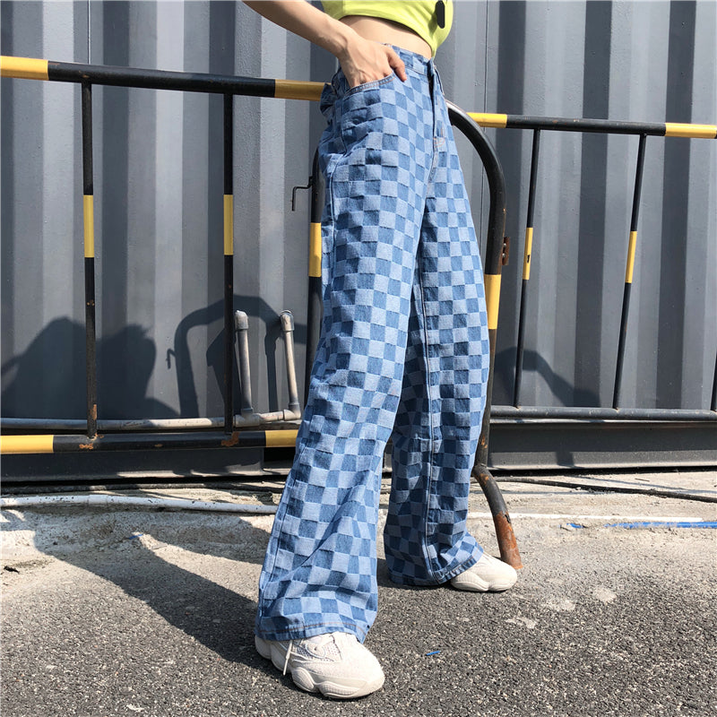 Blue Plaid Checkerboard High Waist Wide Leg Pants Women Hip Hop Loose Straight Pantalon Femme Trousers Punk Bottom Harem Pants Ma boutique
