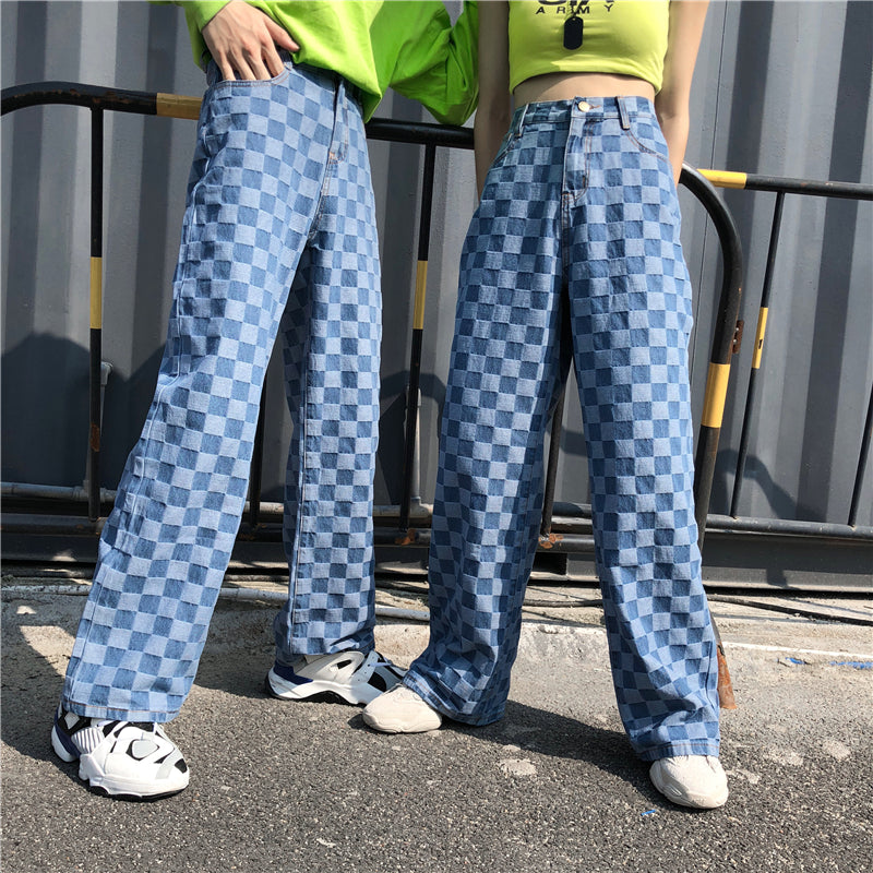 Blue Plaid Checkerboard High Waist Wide Leg Pants Women Hip Hop Loose Straight Pantalon Femme Trousers Punk Bottom Harem Pants Ma boutique