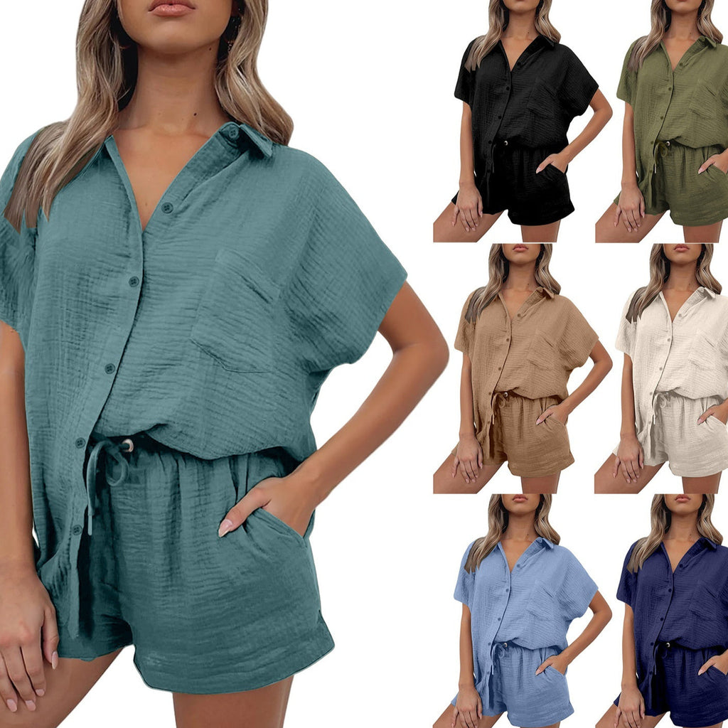 Casual Fashion Cotton And Linen Shirt And Shorts Set Womens Clothing NasShop