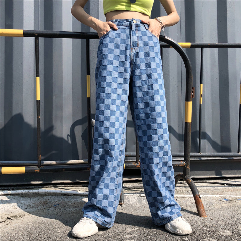 Blue Plaid Checkerboard High Waist Wide Leg Pants Women Hip Hop Loose Straight Pantalon Femme Trousers Punk Bottom Harem Pants Ma boutique