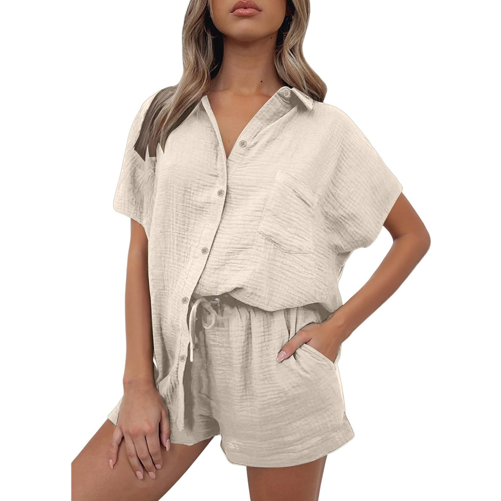 Casual Fashion Cotton And Linen Shirt And Shorts Set Womens Clothing NasShop