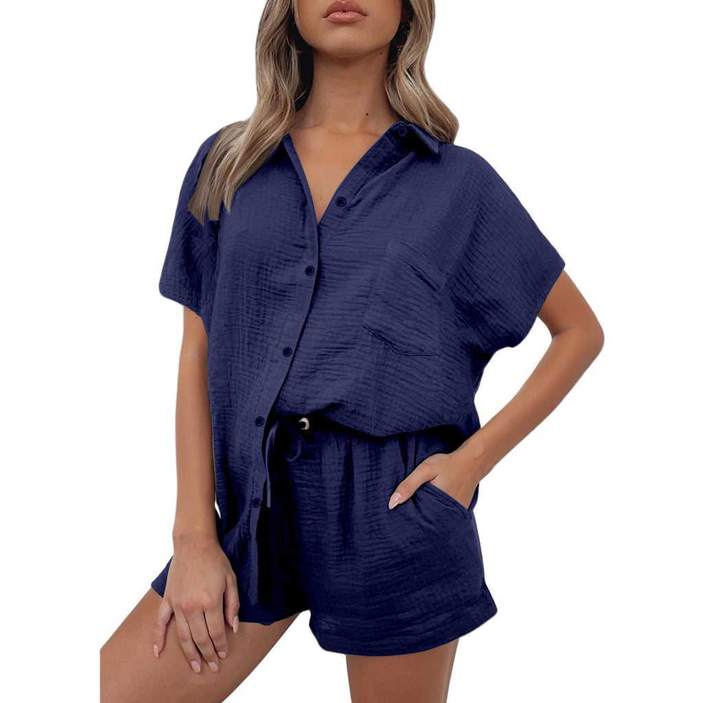 Casual Fashion Cotton And Linen Shirt And Shorts Set Womens Clothing NasShop