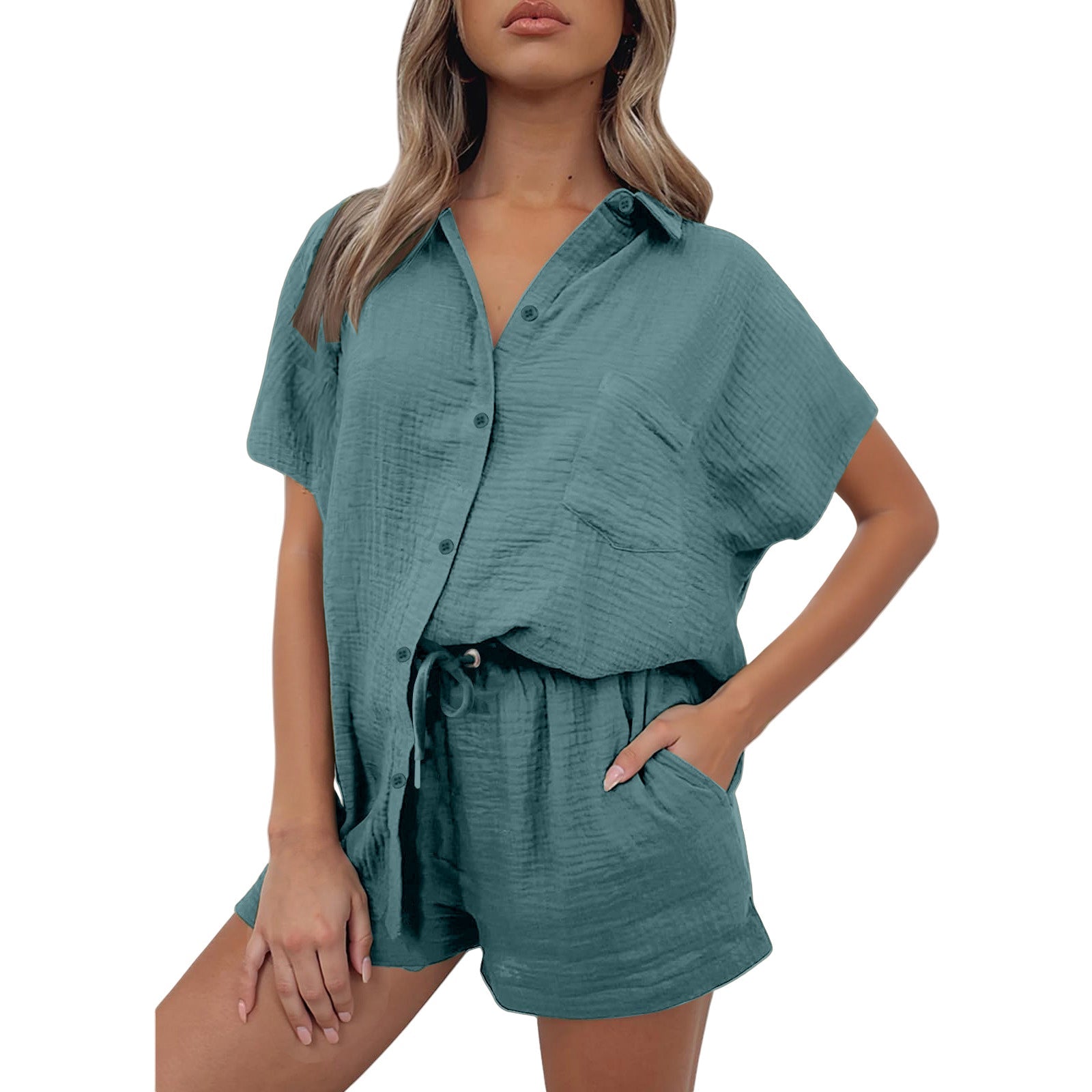 Casual Fashion Cotton And Linen Shirt And Shorts Set Womens Clothing NasShop