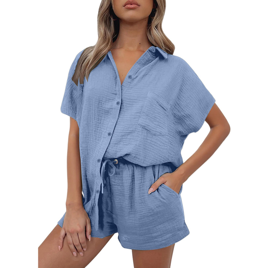 Casual Fashion Cotton And Linen Shirt And Shorts Set Womens Clothing NasShop