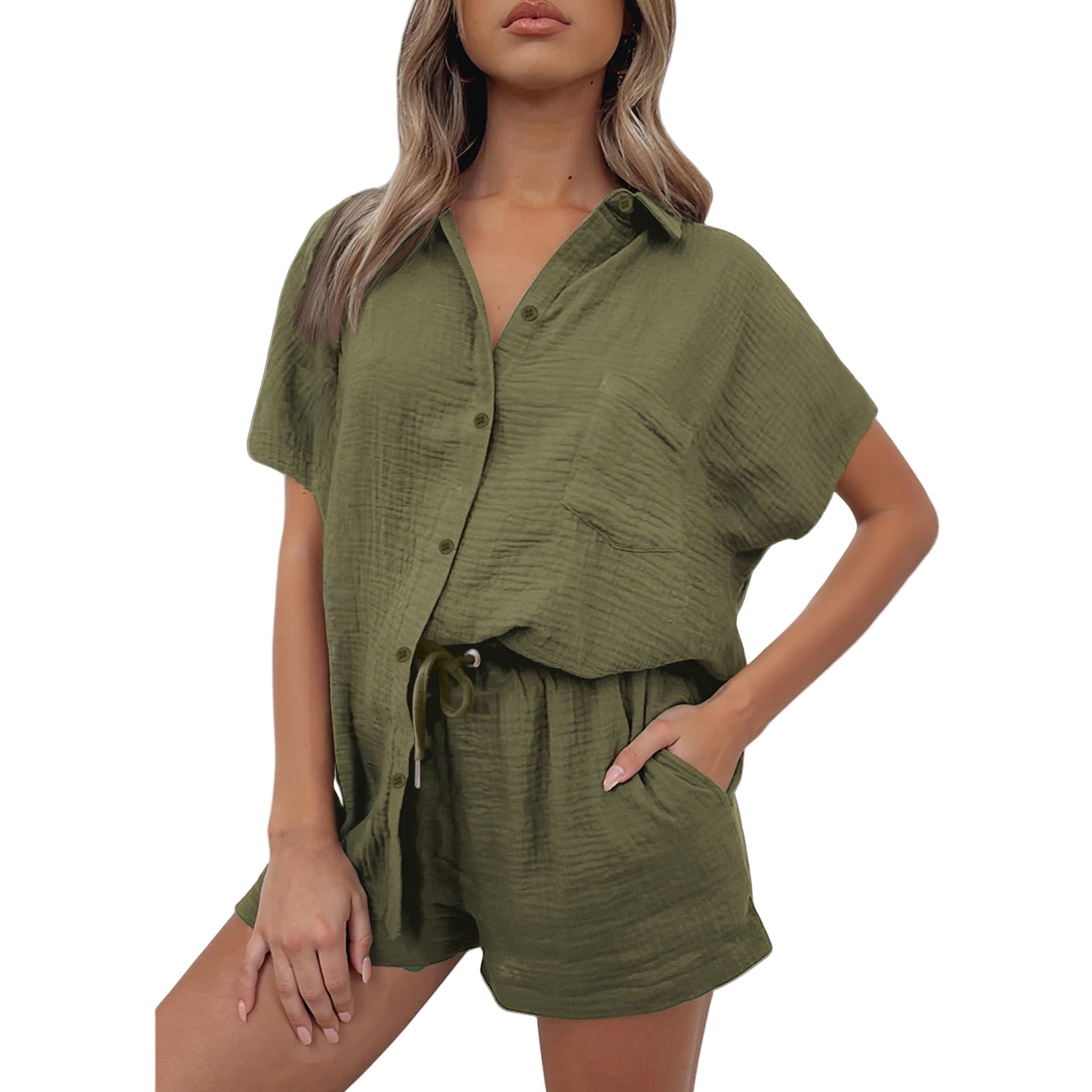 Casual Fashion Cotton And Linen Shirt And Shorts Set Womens Clothing NasShop